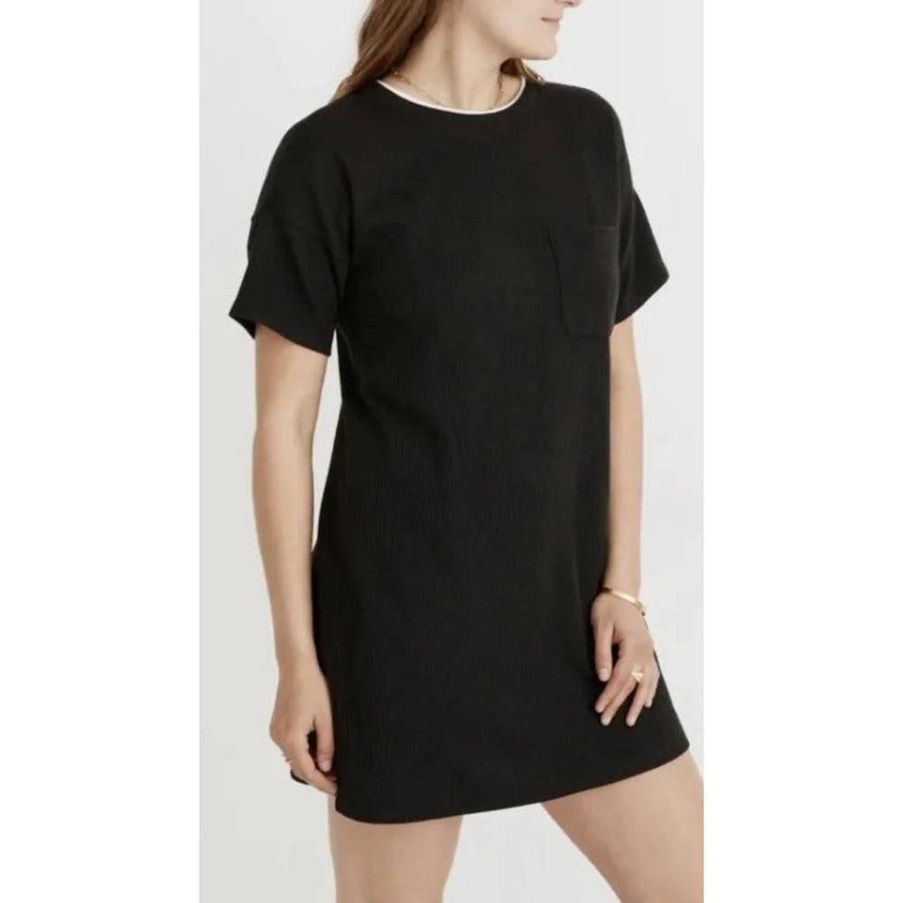 Madewell Womens XS Black Ribbed Knit T-Shirt‎ Dress Short Sleeve Pocket